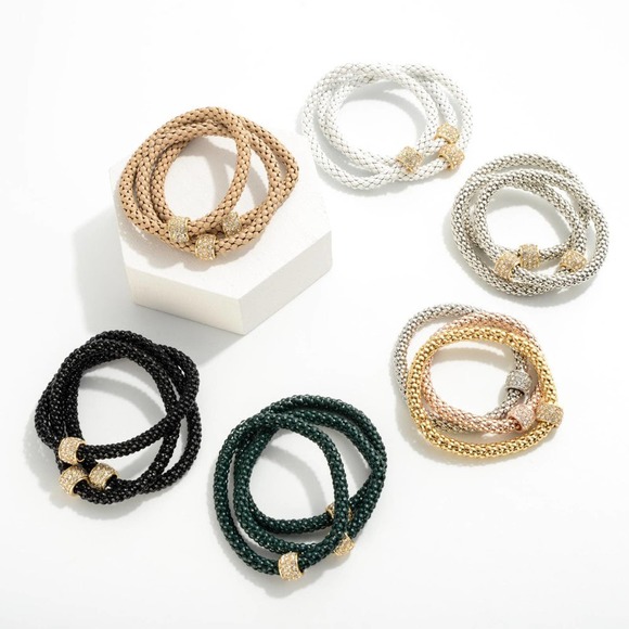 Metal Mesh Stretch Bracelets Crystal Accents Multi Colored Set of 3 - Picture 3 of 3